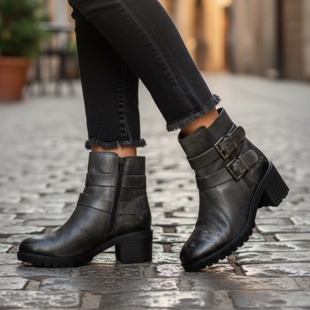 Eric Michael Black Leather Double Buckle Lug Sole Ankle Boots EU 41